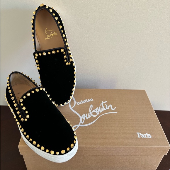 Christian Louboutin Pik Boat Sneakers in Black Velvet with Gold Spikes - Picture 1 of 12